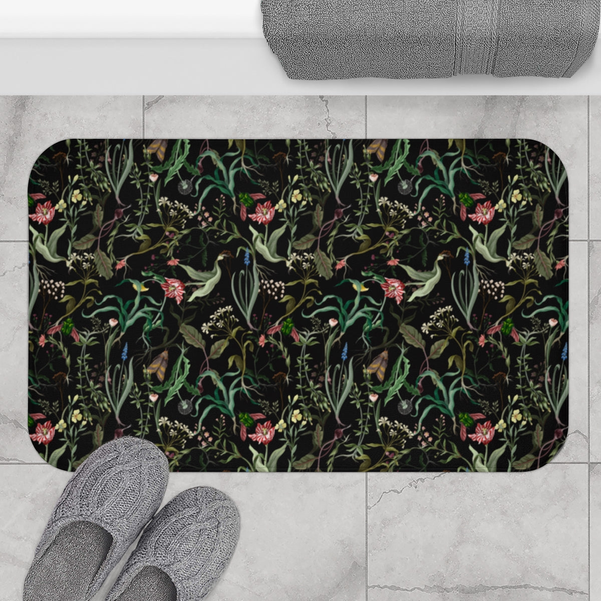 Dark Moody Floral Shower Curtain & Bath Mat