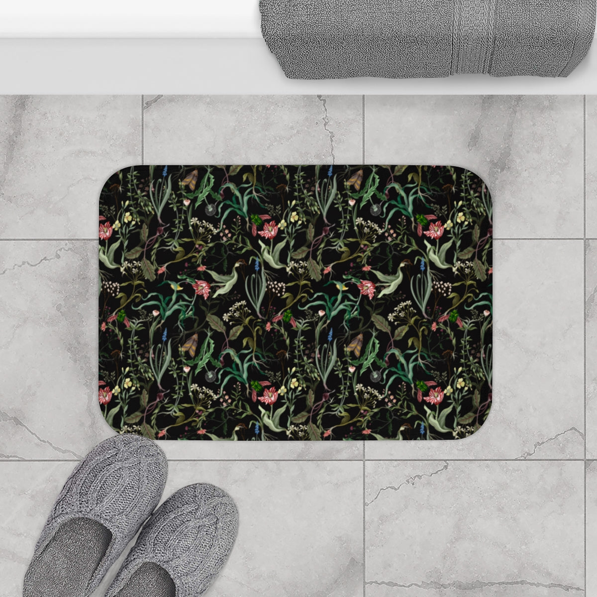 Dark Moody Floral Shower Curtain & Bath Mat