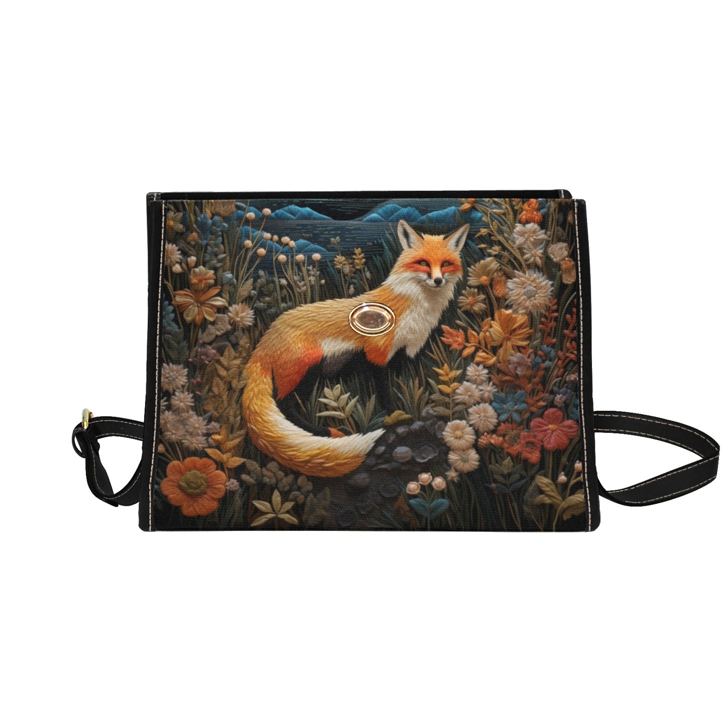 Faux-Embroidered Dark Fox and Floral Satchel