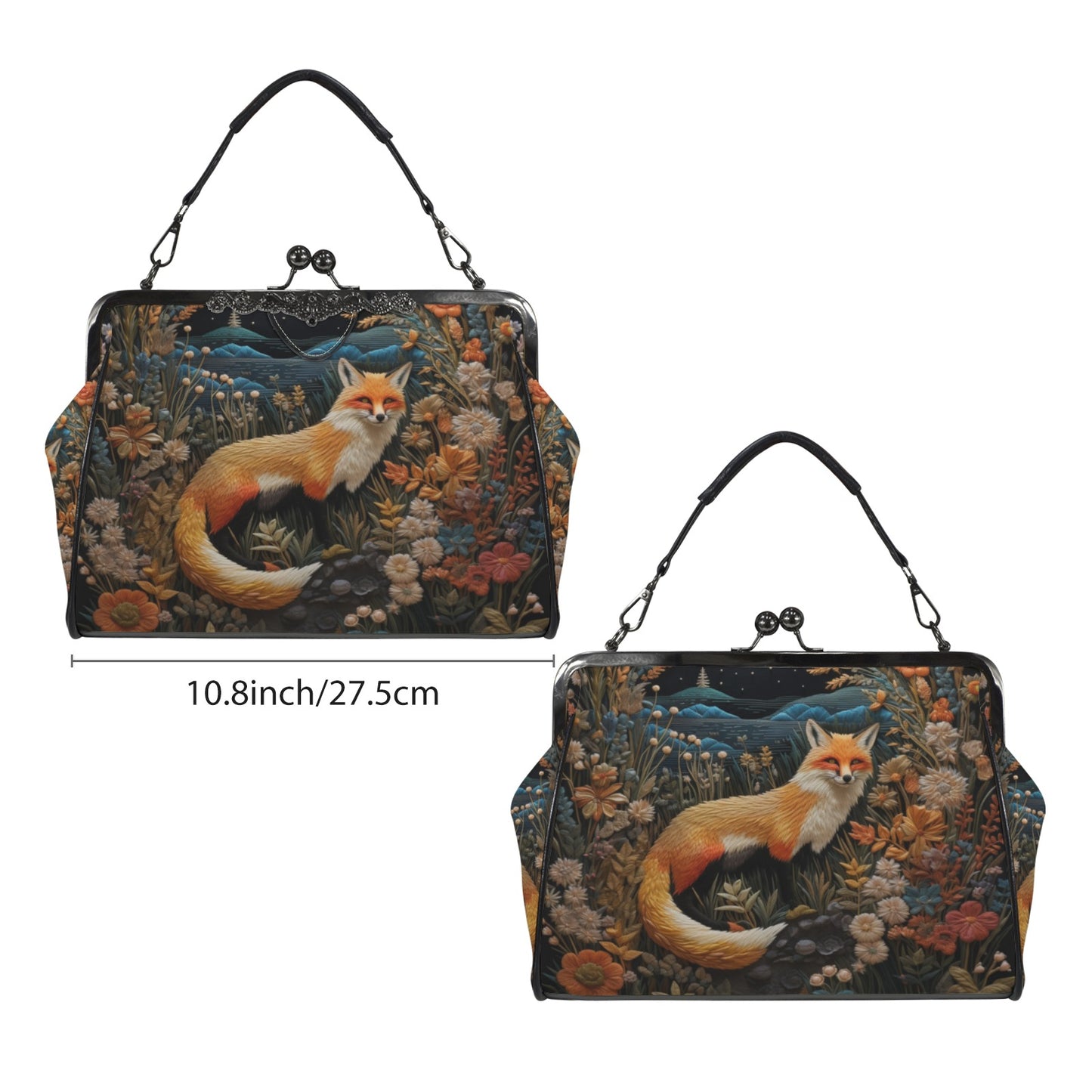 Dark Faux-embroidered Fox Kisslock Handbag