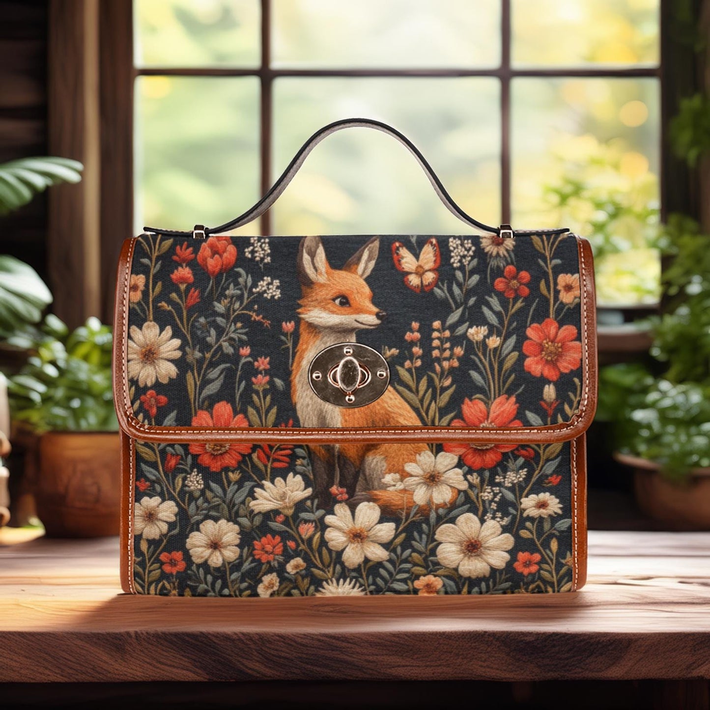 Whimsicore Happy Fox and Flowers Cottagecore Satchel Bag