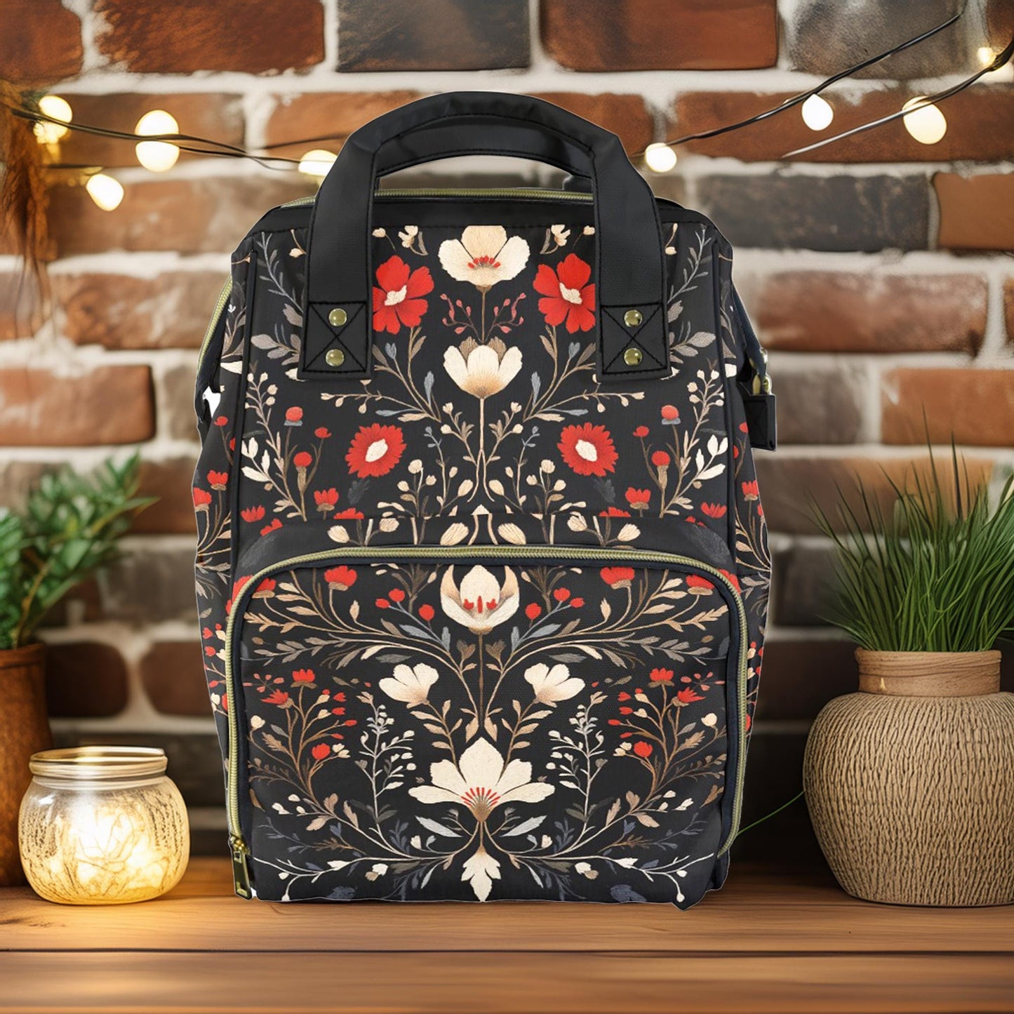 Dark Cottagecore Boho Folk Art Flowers Multifunctional Diaper Backpack