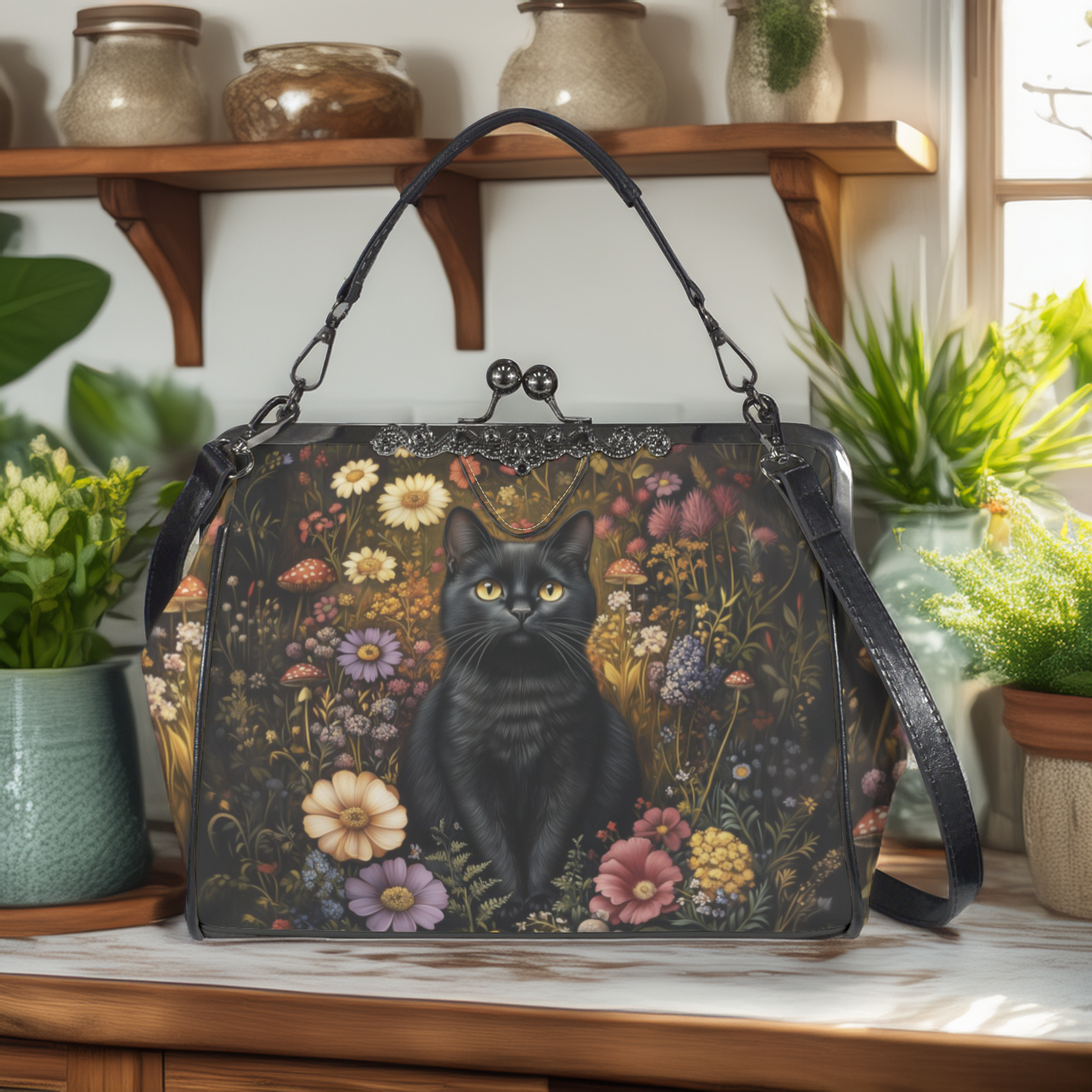Black Cat & Flower Garden Kisslock Handbag