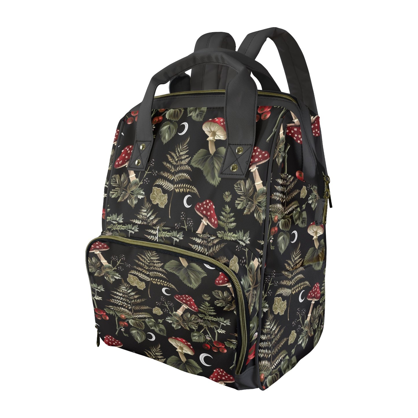 Backpack with nature-themed design featuring mushrooms and leaves on a black background