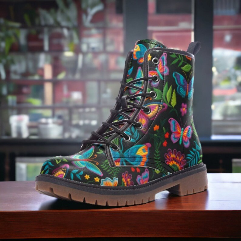Dark Faux-Embroidered Butterflies Boots