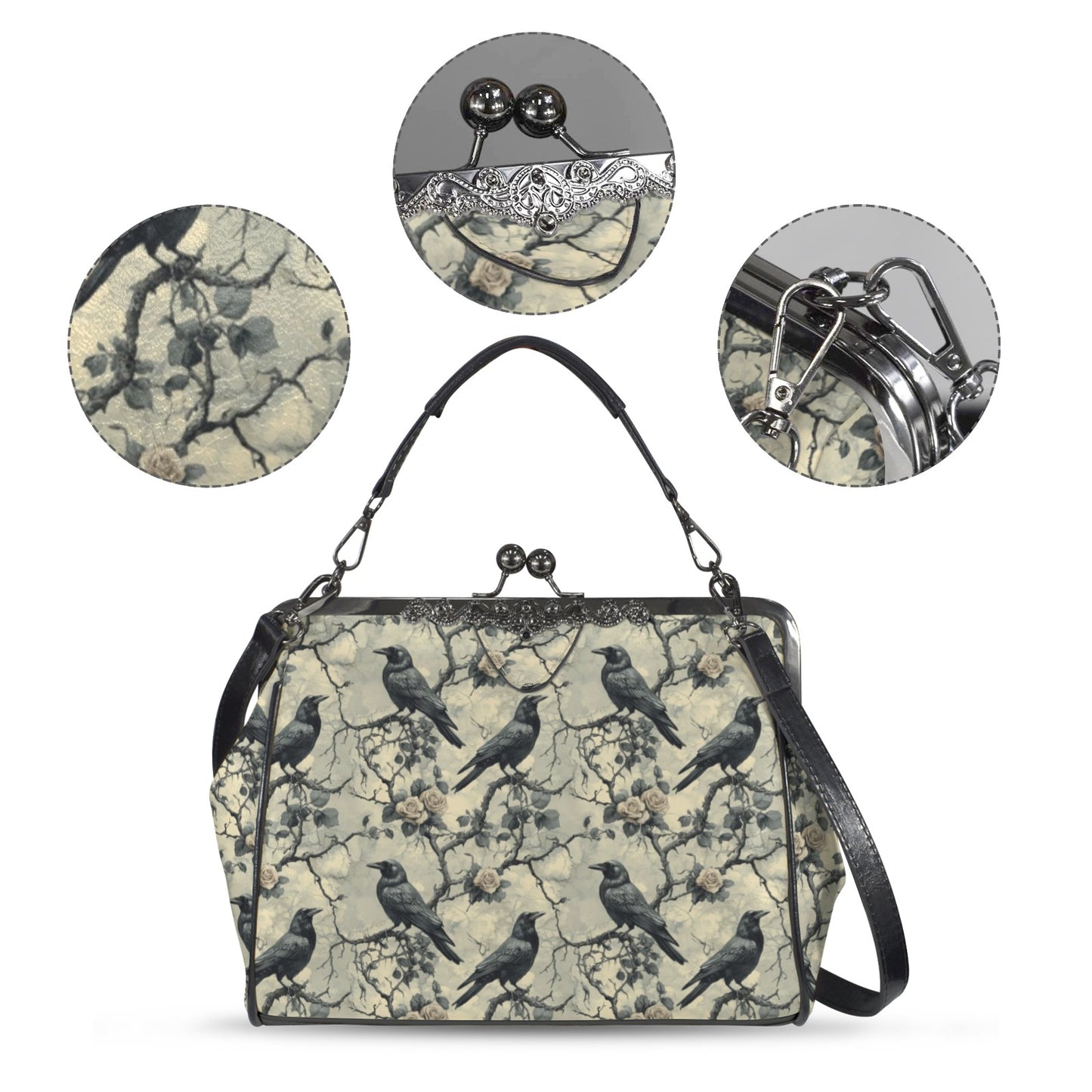 Gothic Grey Ravens Kisslock Handbag