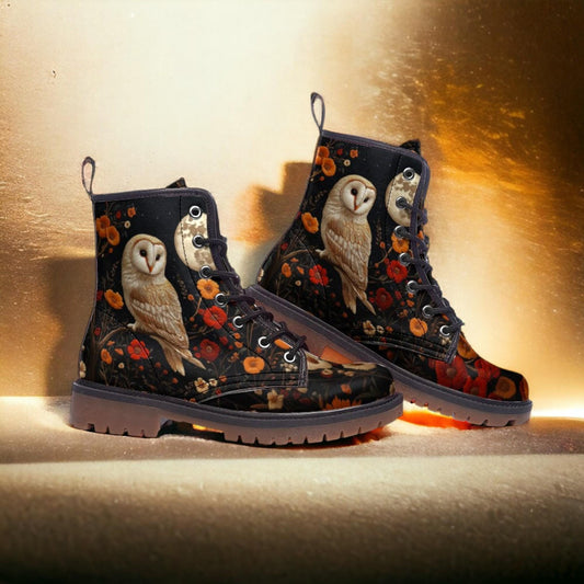 Faux-Embroidery Owl & Flowers Vegan Combat Boots