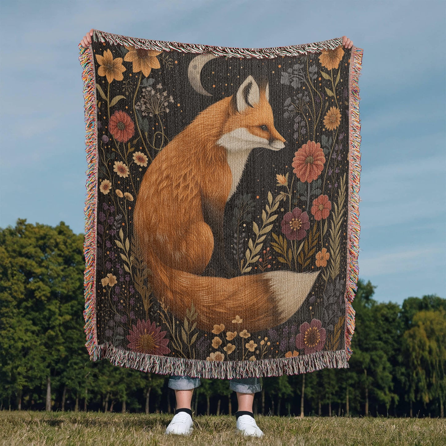 Cozy Cottagecore Woven Fox Throw Blanket