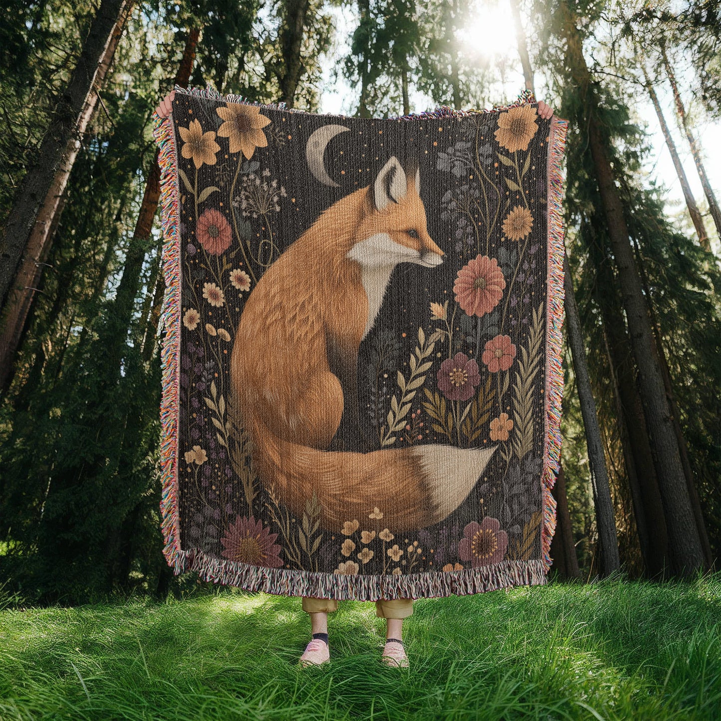 Cozy Cottagecore Woven Fox Throw Blanket