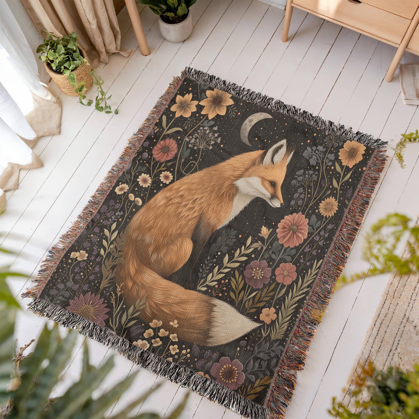 Cozy Cottagecore Woven Fox Throw Blanket