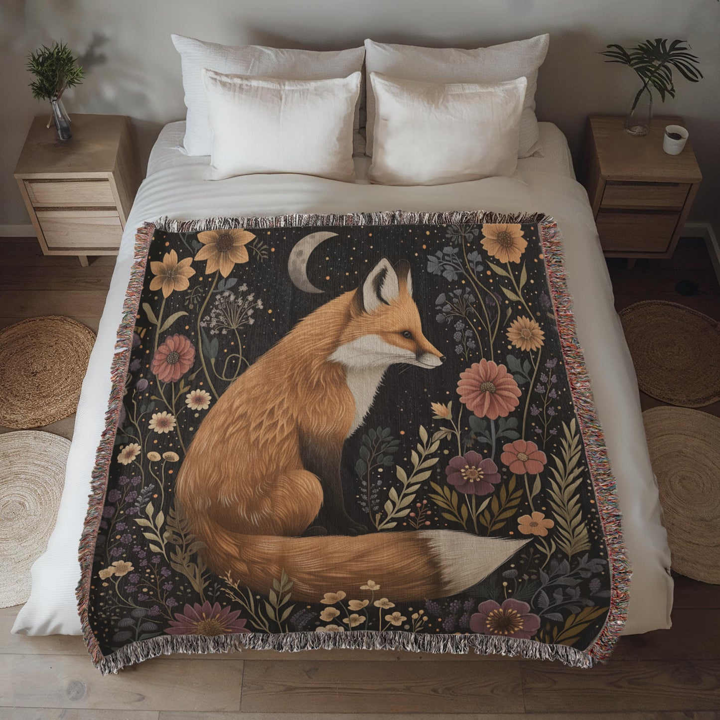 Cozy Cottagecore Woven Fox Throw Blanket