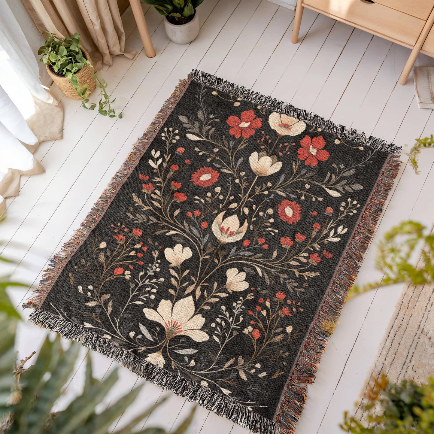 Black, Red & Cream Folk Floral Woven Throw