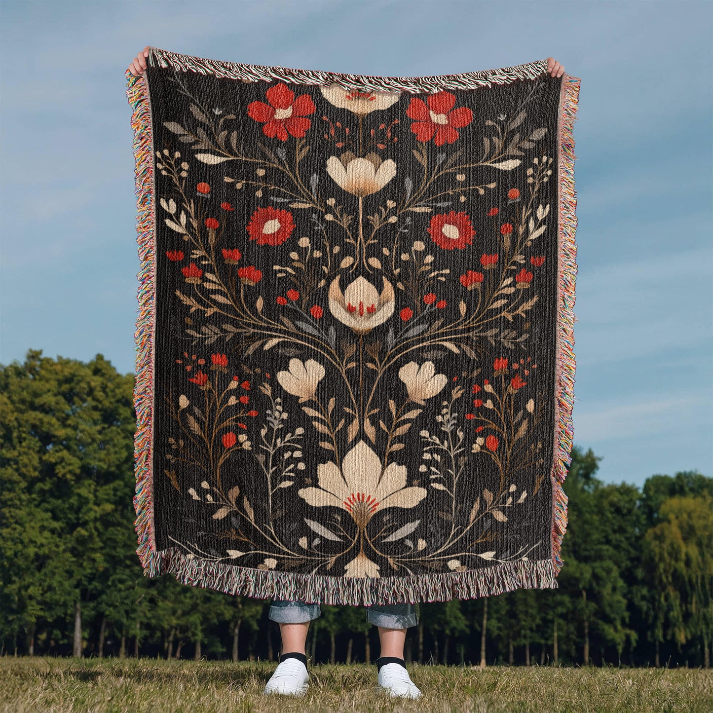 Black, Red & Cream Folk Floral Woven Throw