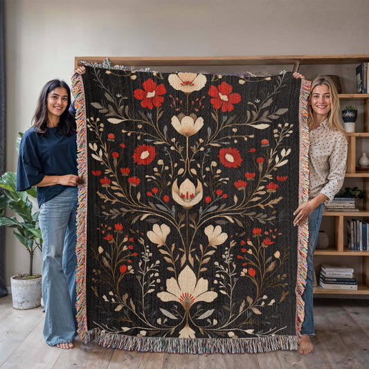 Black, Red & Cream Folk Floral Woven Throw