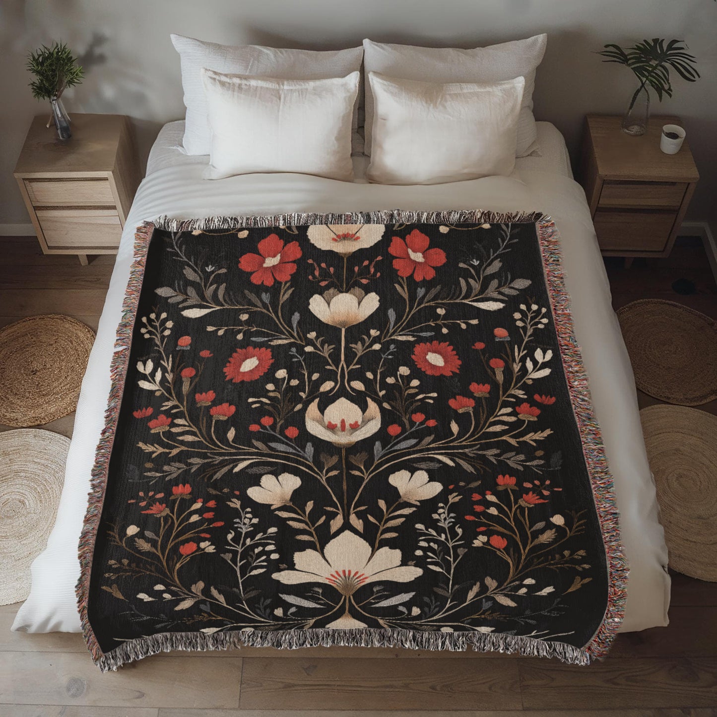 Black, Red & Cream Folk Floral Woven Throw