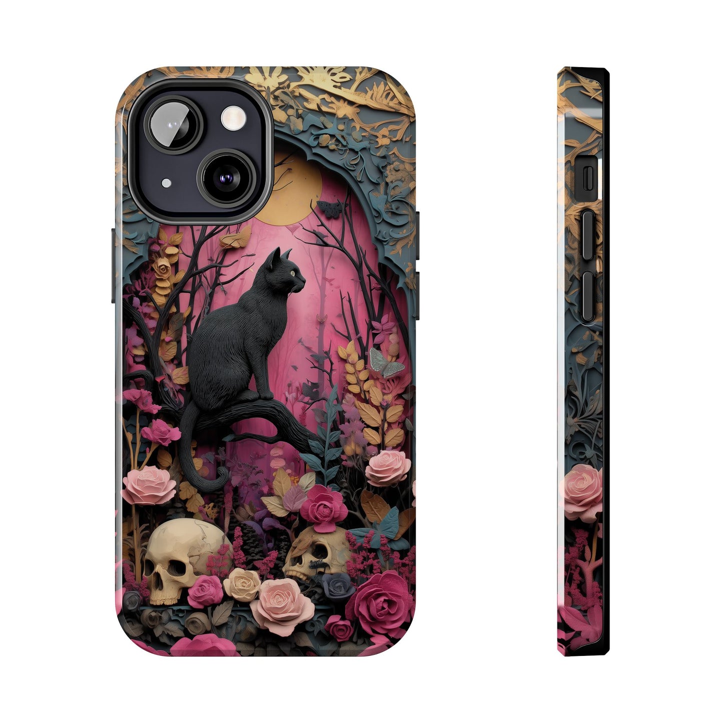 Gothic Cat & Floral Skulls Phone Case