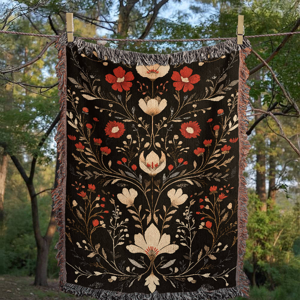 Black, Red & Cream Folk Floral Woven Throw