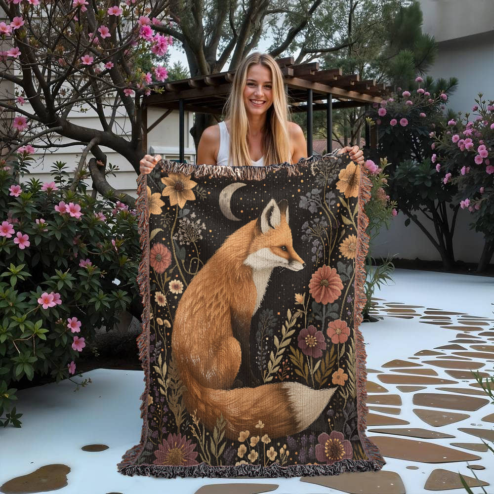 Cozy Cottagecore Woven Fox Throw Blanket