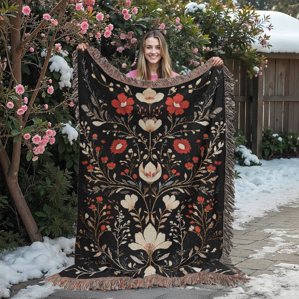 Black, Red & Cream Folk Floral Woven Throw