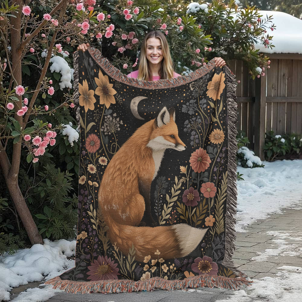 Cozy Cottagecore Woven Fox Throw Blanket