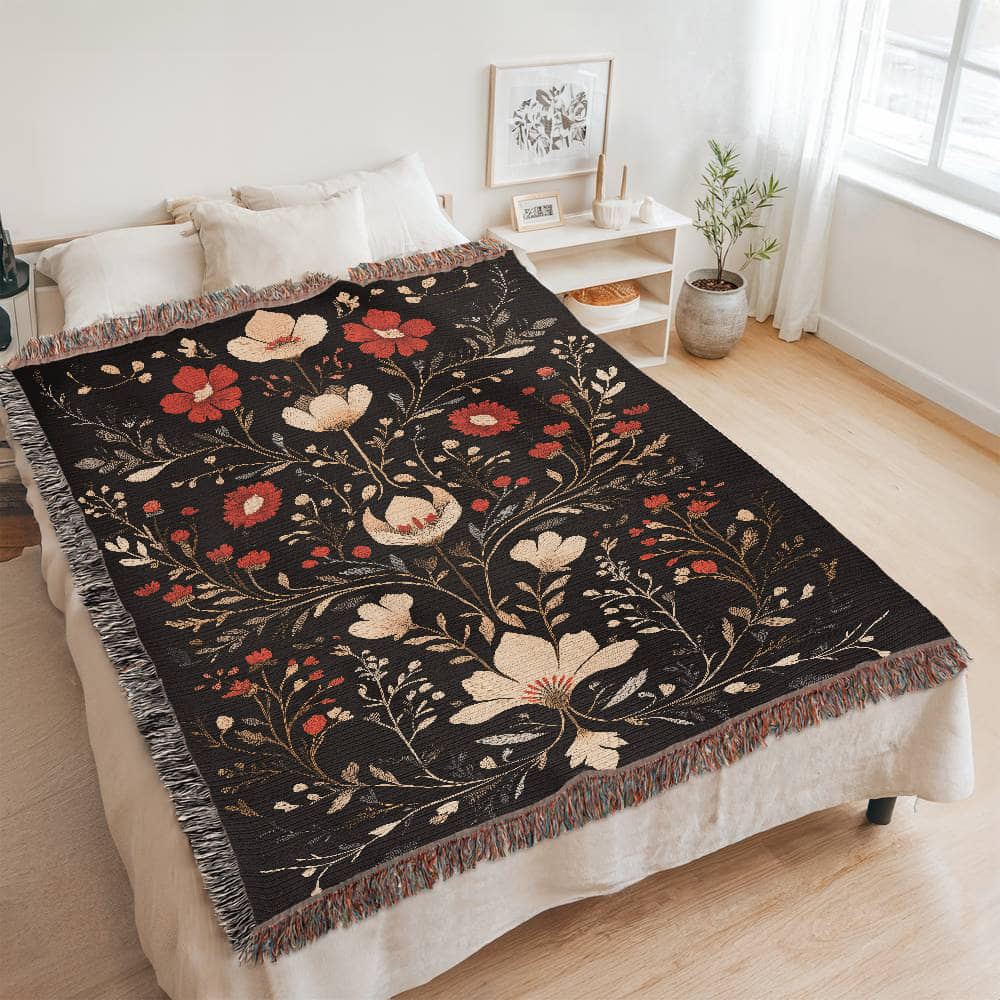 Black, Red & Cream Folk Floral Woven Throw