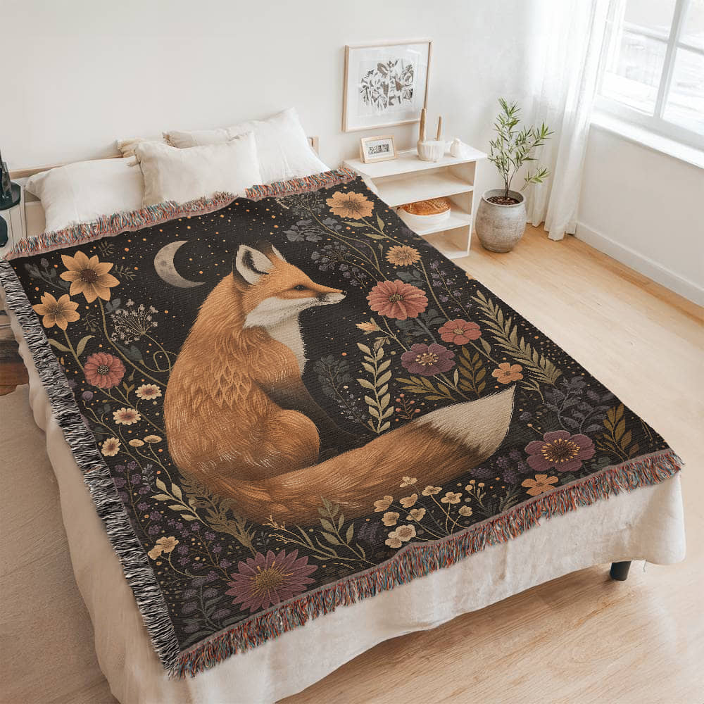 Cozy Cottagecore Woven Fox Throw Blanket