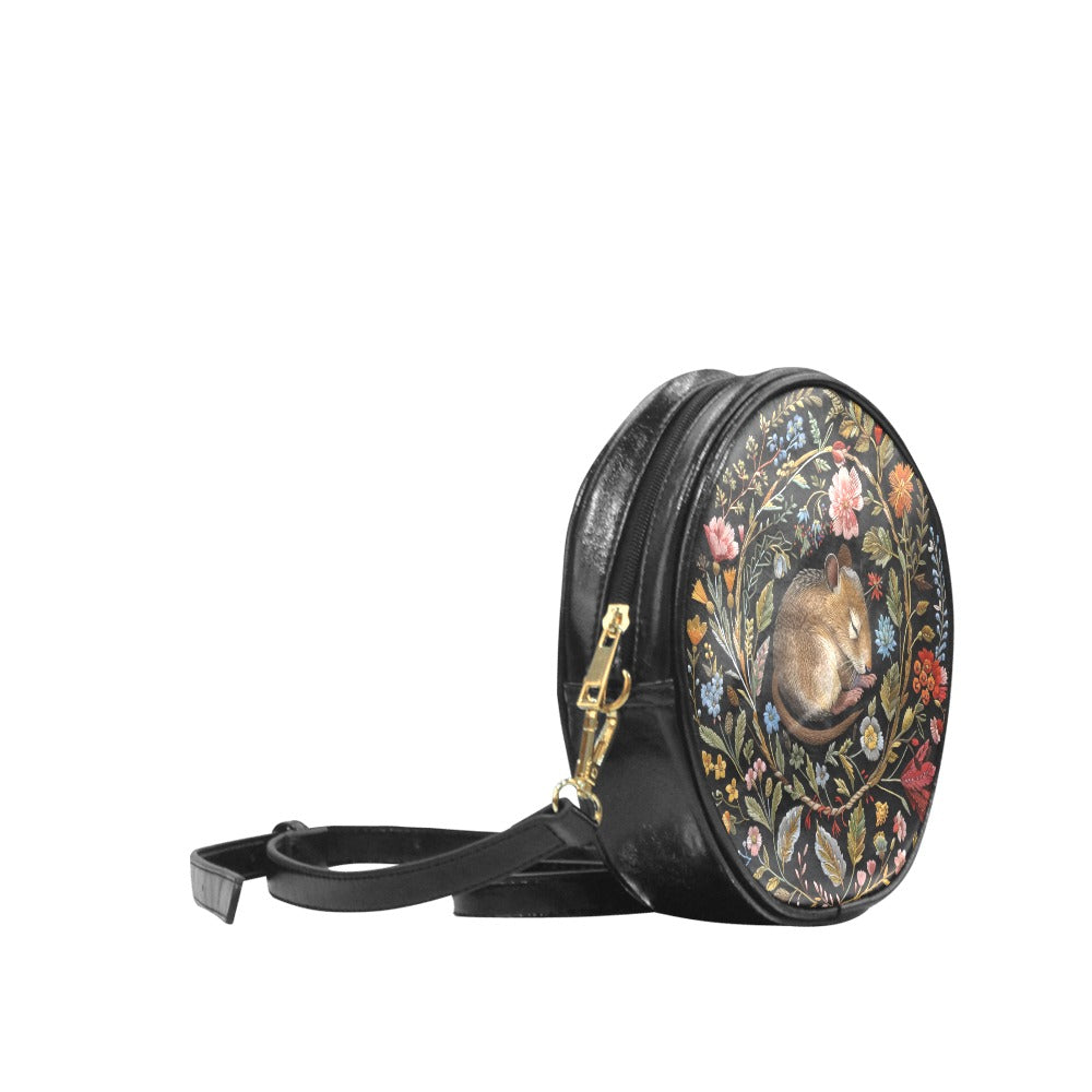 Faux-Embroidered Dormouse & Flowers Vegan Leather Cross body Purse