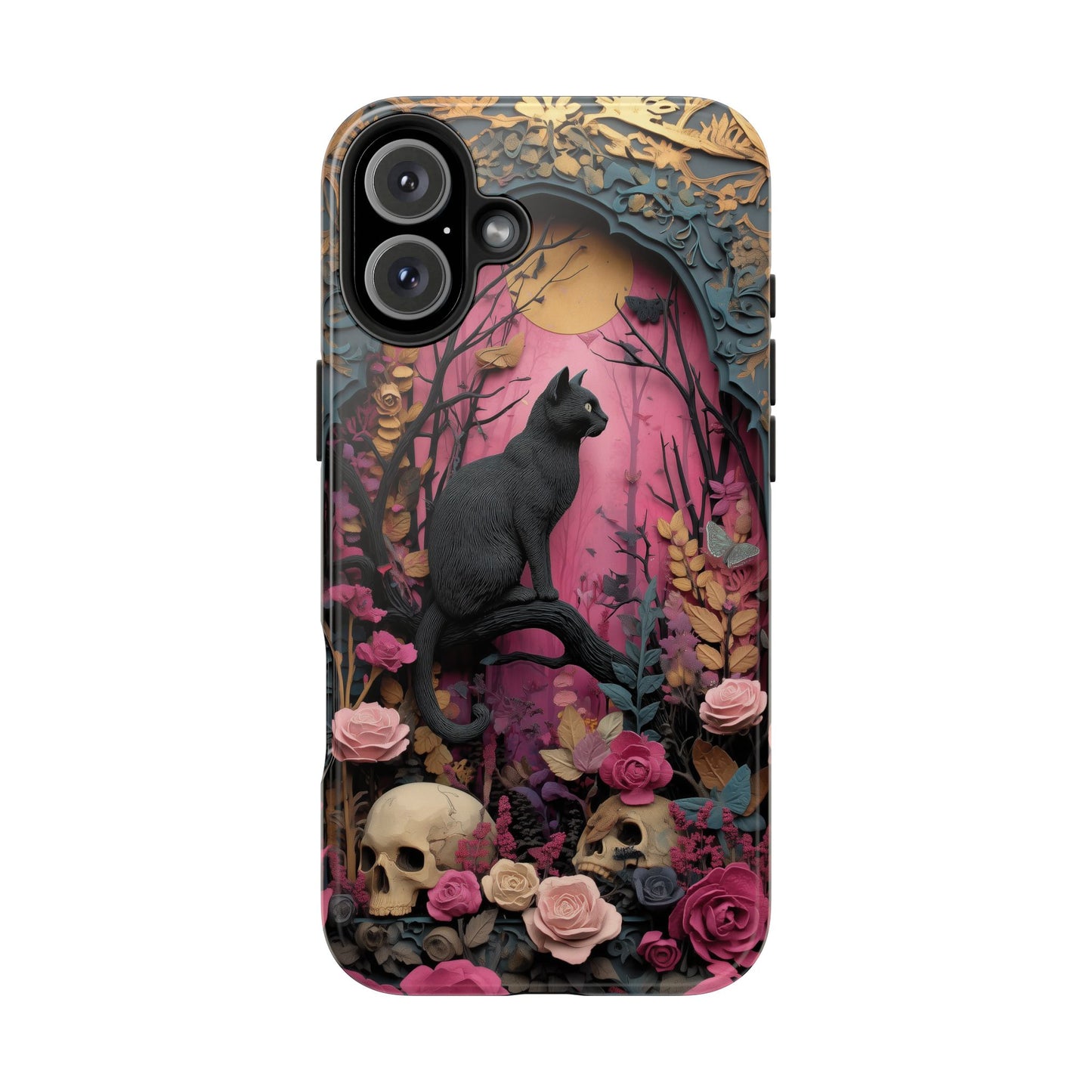 Gothic Cat & Floral Skulls Phone Case