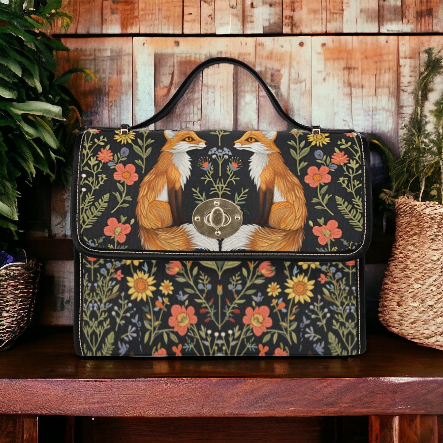 Faux-Embroidered Twin Foxes Flowers Handbag & Clutch Wallet Set
