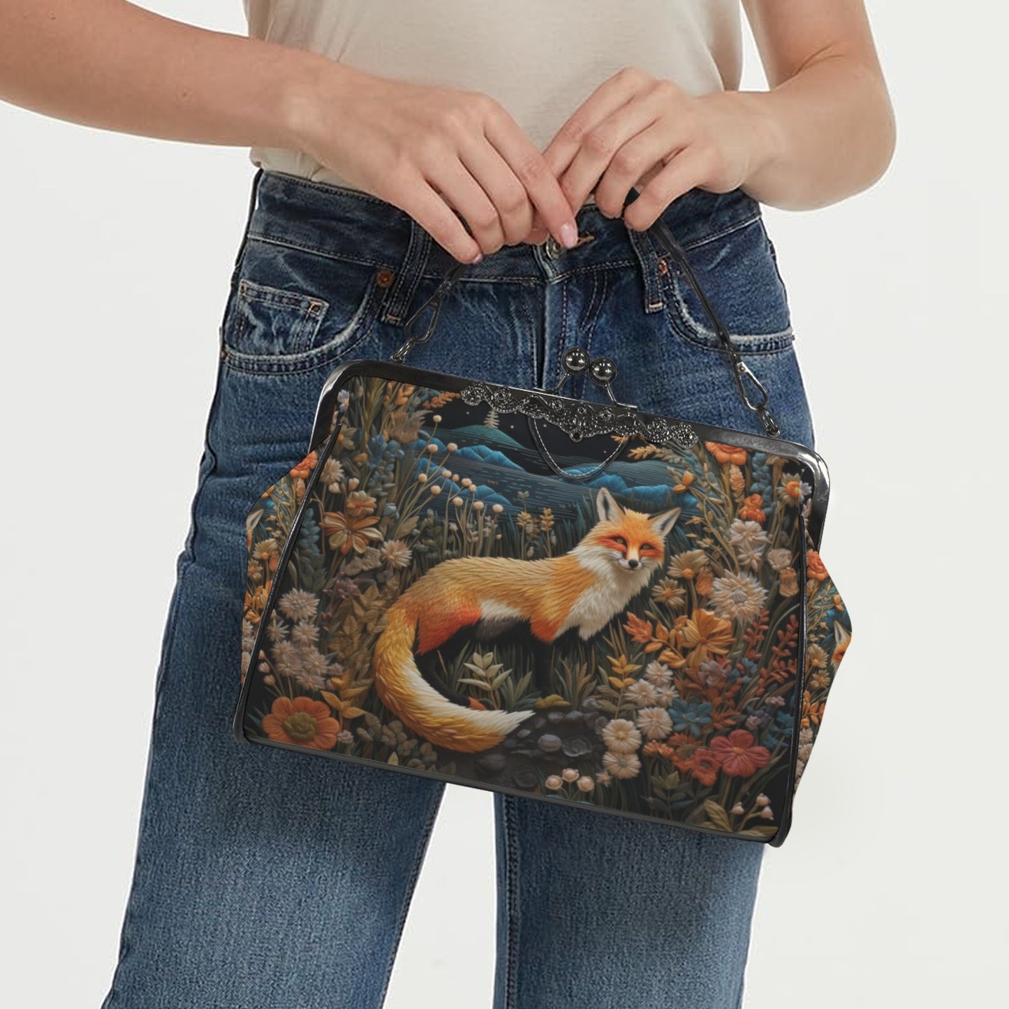 Dark Faux-embroidered Fox Kisslock Handbag