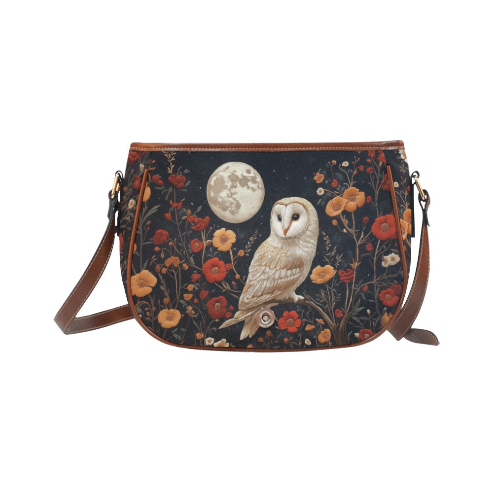 Barn Owl, Moon & Flowers Saddle Bag Purse