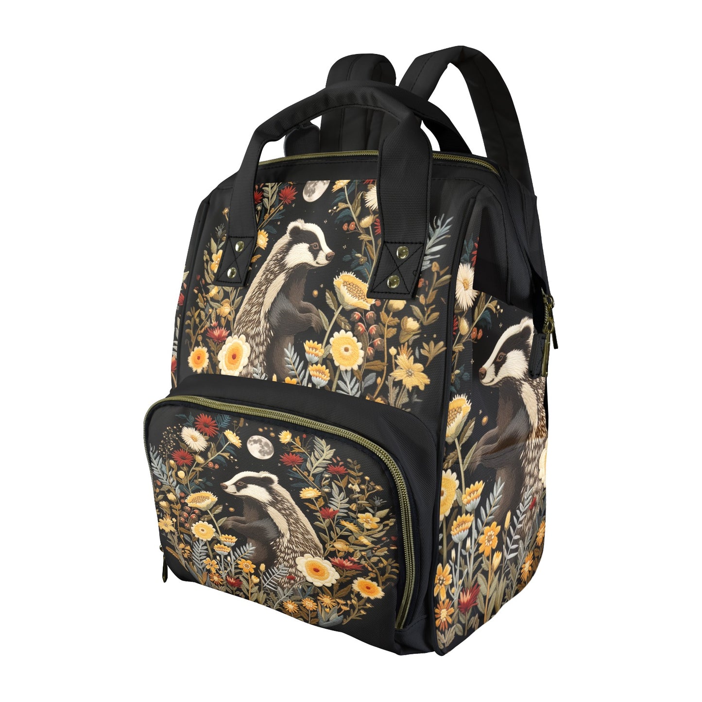 Whimsical Badger and Flowers Diaper Backpack