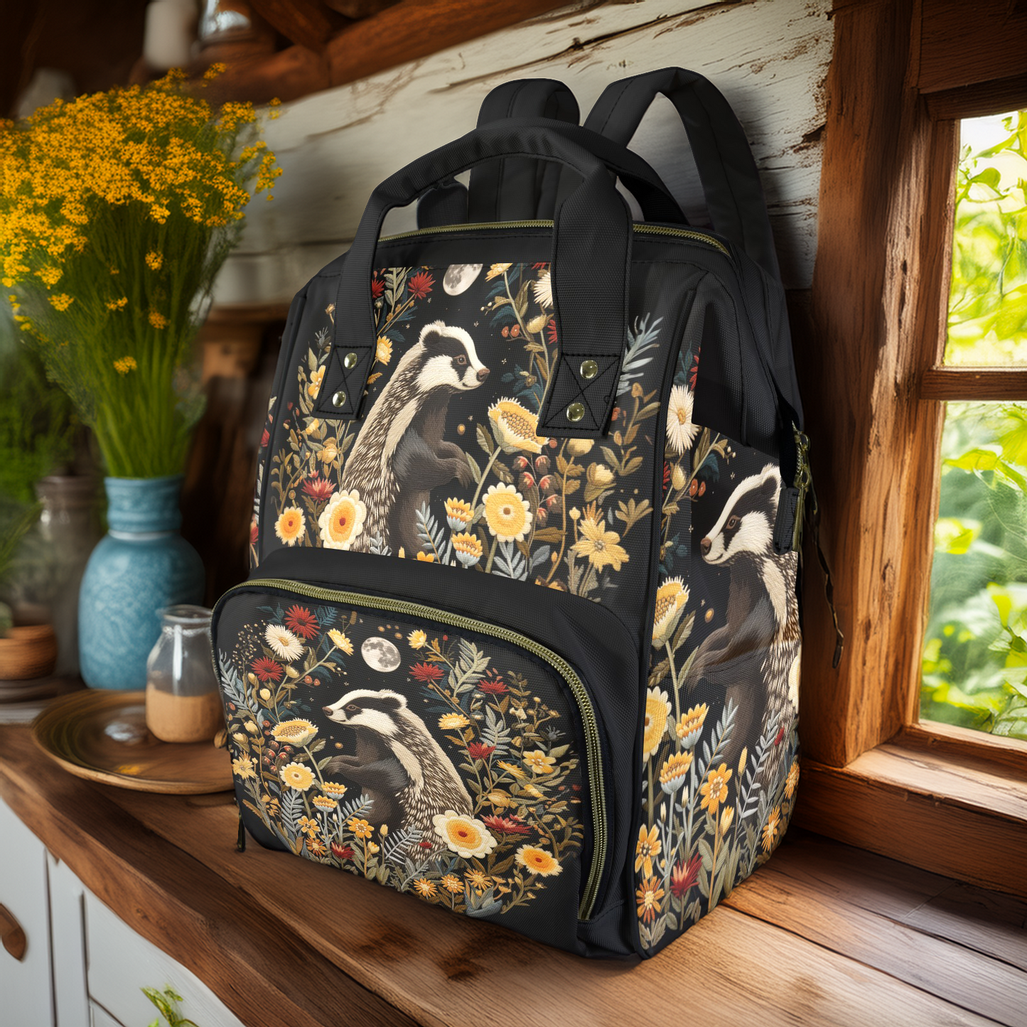 Whimsical Badger and Flowers Diaper Backpack