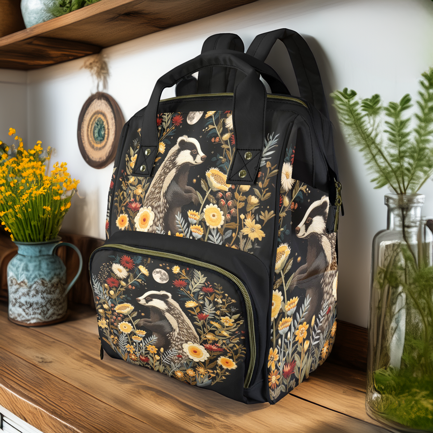 Whimsical Badger and Flowers Diaper Backpack