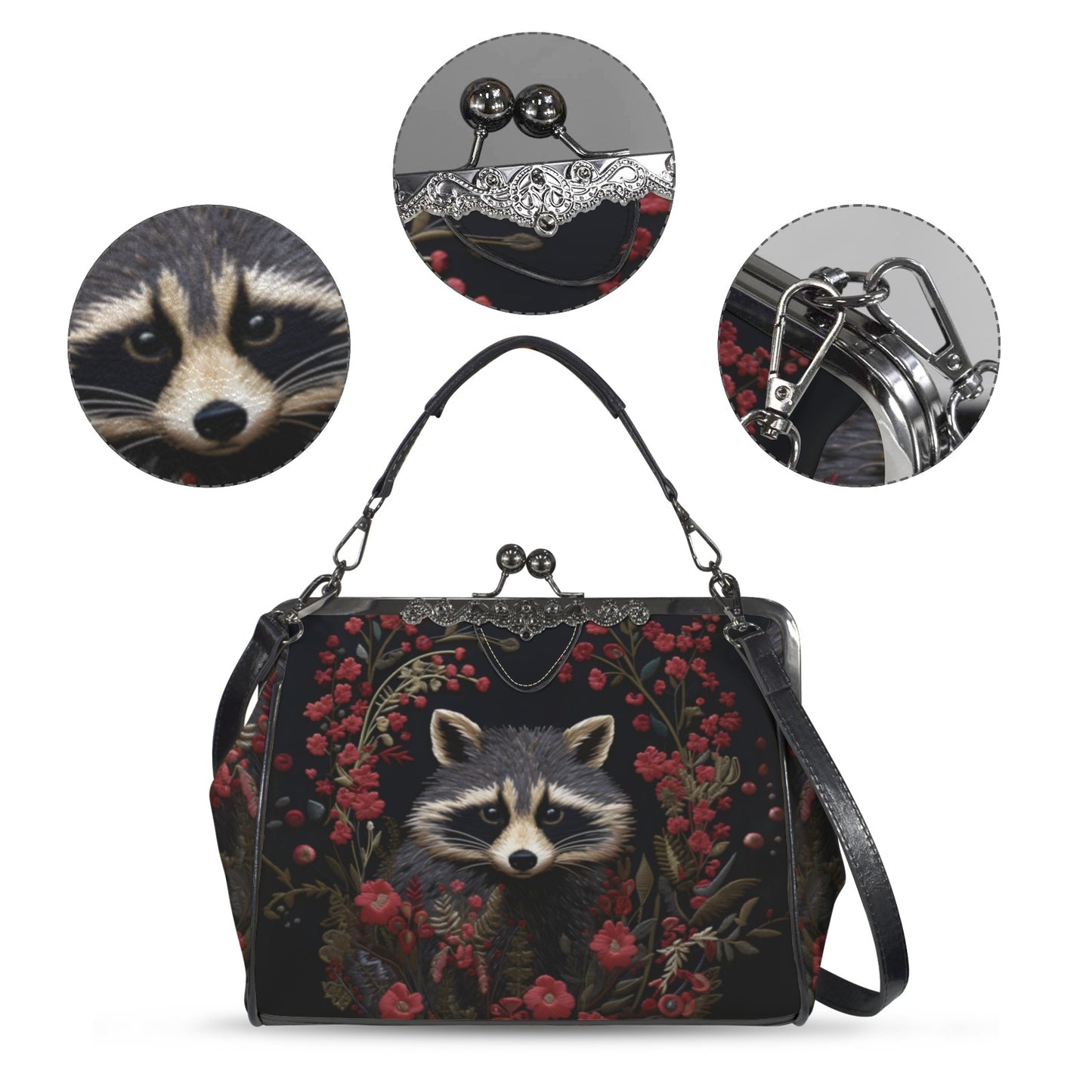 Raccoon and Flowers Kisslock Bag