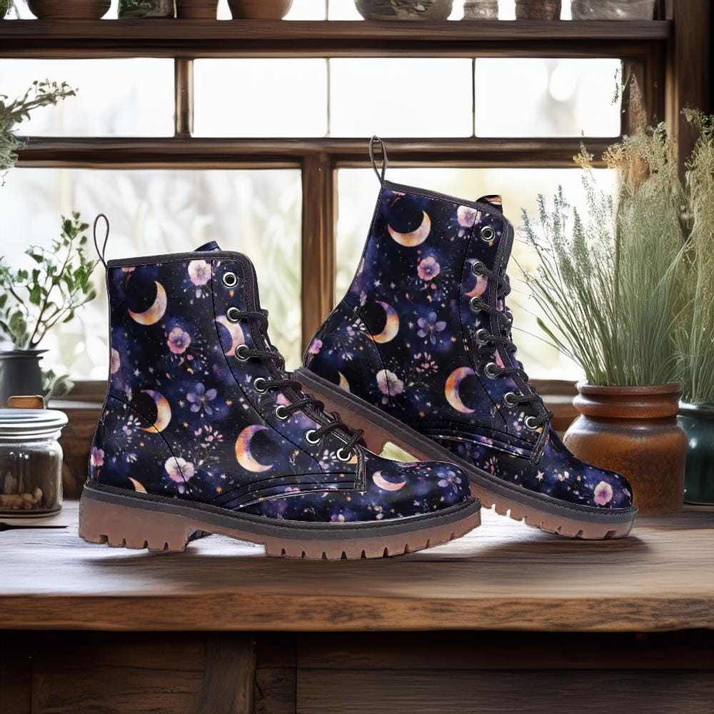 Watercolor Moons & Flowers Witchy Vegan Combat Boots