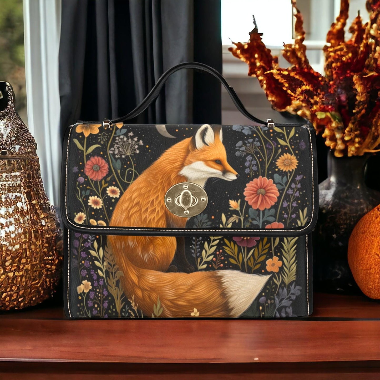 Dark Cottagecore Fox and Floral Satchel Handbag