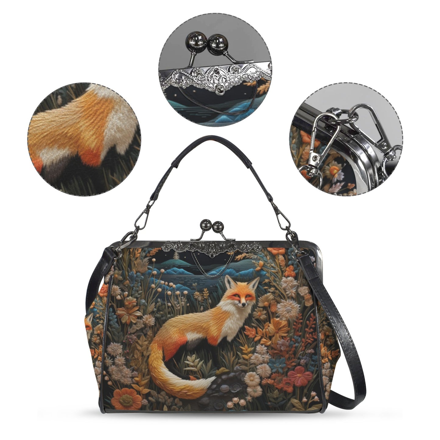 Dark Faux-embroidered Fox Kisslock Handbag