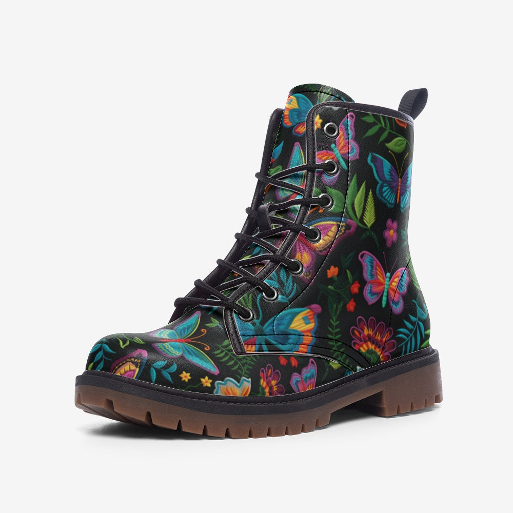 Dark Faux-Embroidered Butterflies Boots