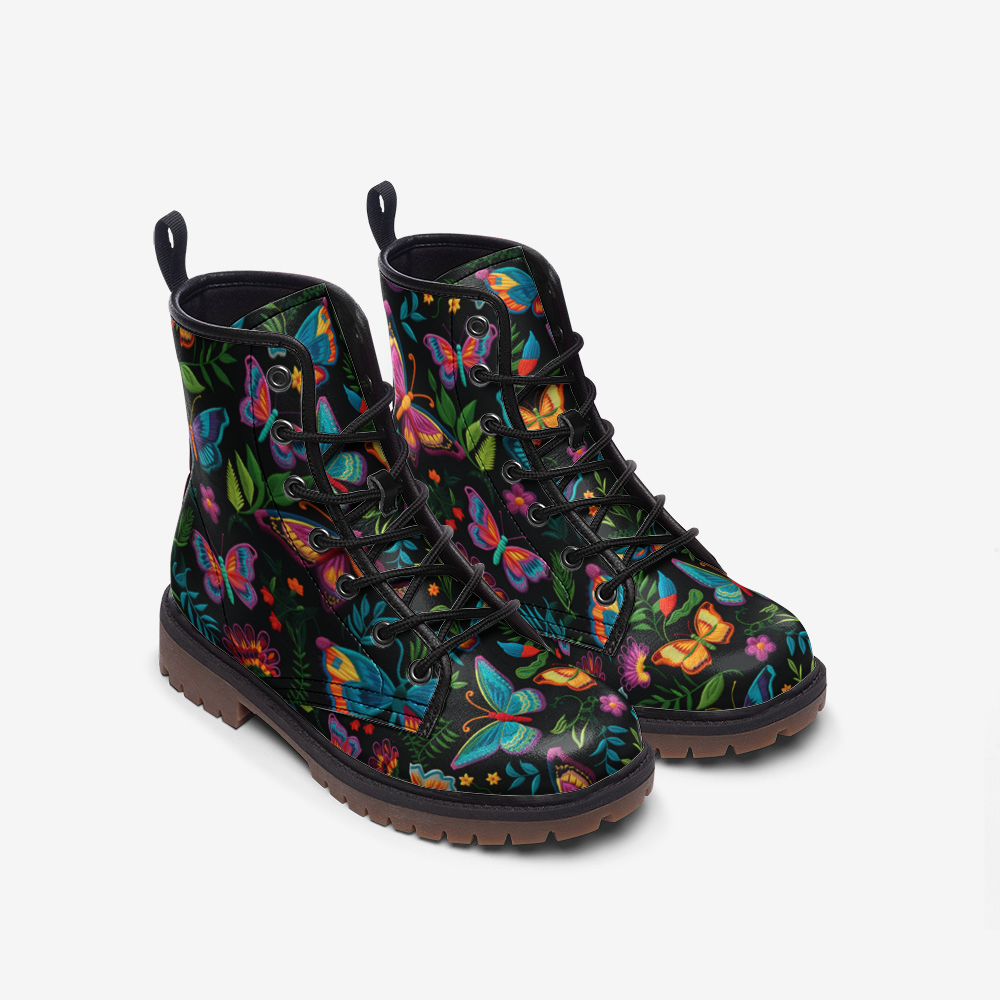 Dark Faux-Embroidered Butterflies Boots