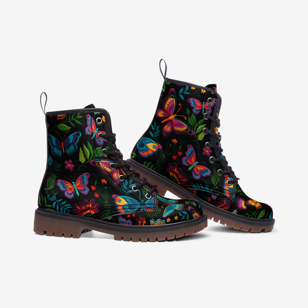 Dark Faux-Embroidered Butterflies Boots