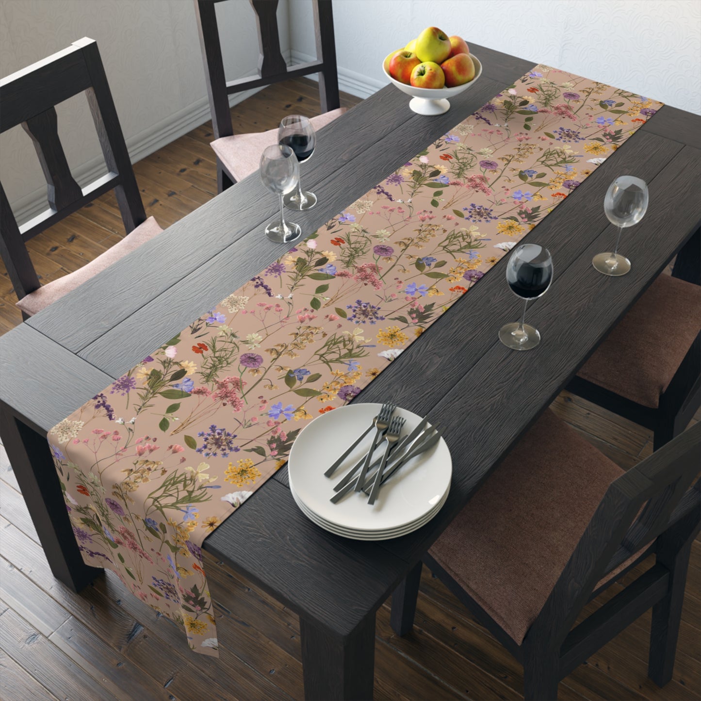 Pressed Wildflowers Taupe Table Runner