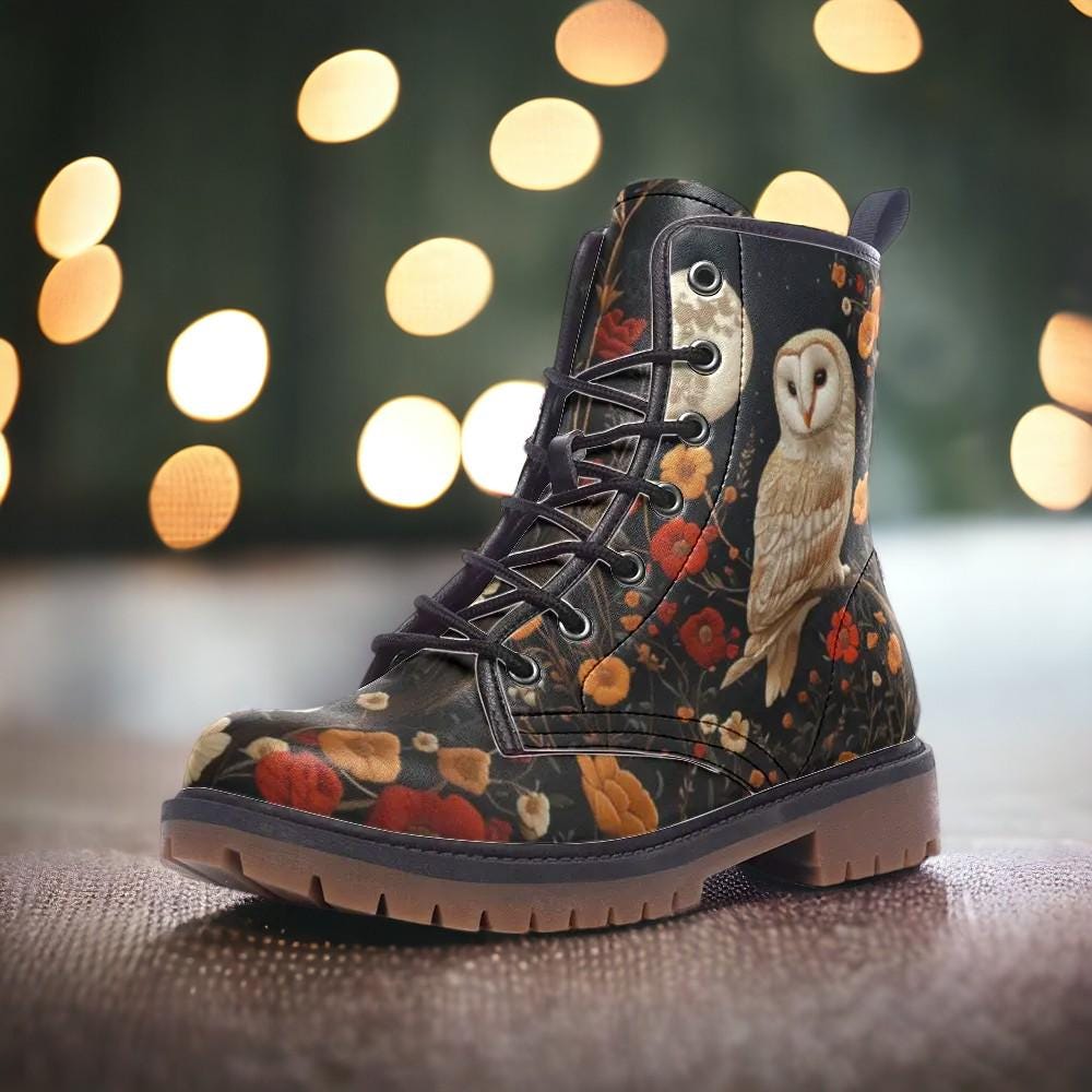 Faux-Embroidery Owl & Flowers Vegan Combat Boots