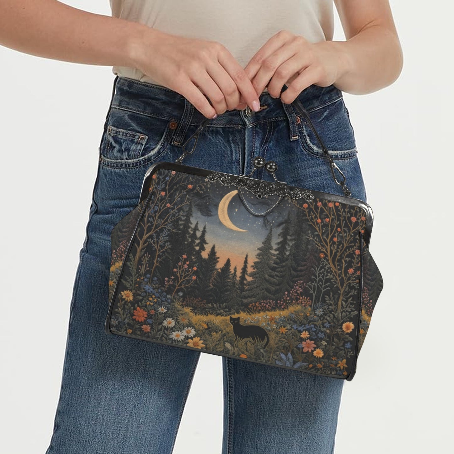 Magical Forest Black Cat Kisslock Purse