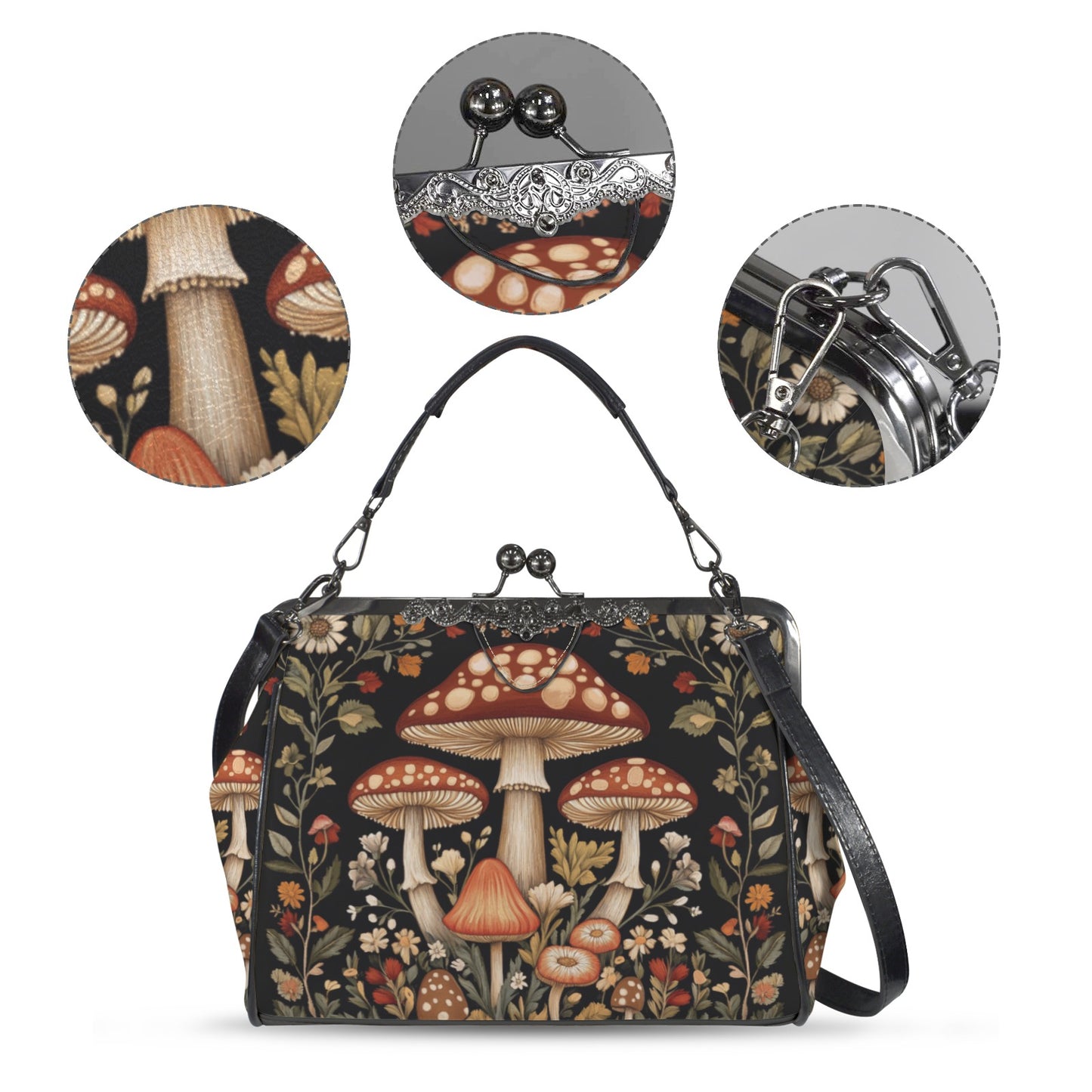 Dark Cottagecore Mushrooms Kisslock Bag
