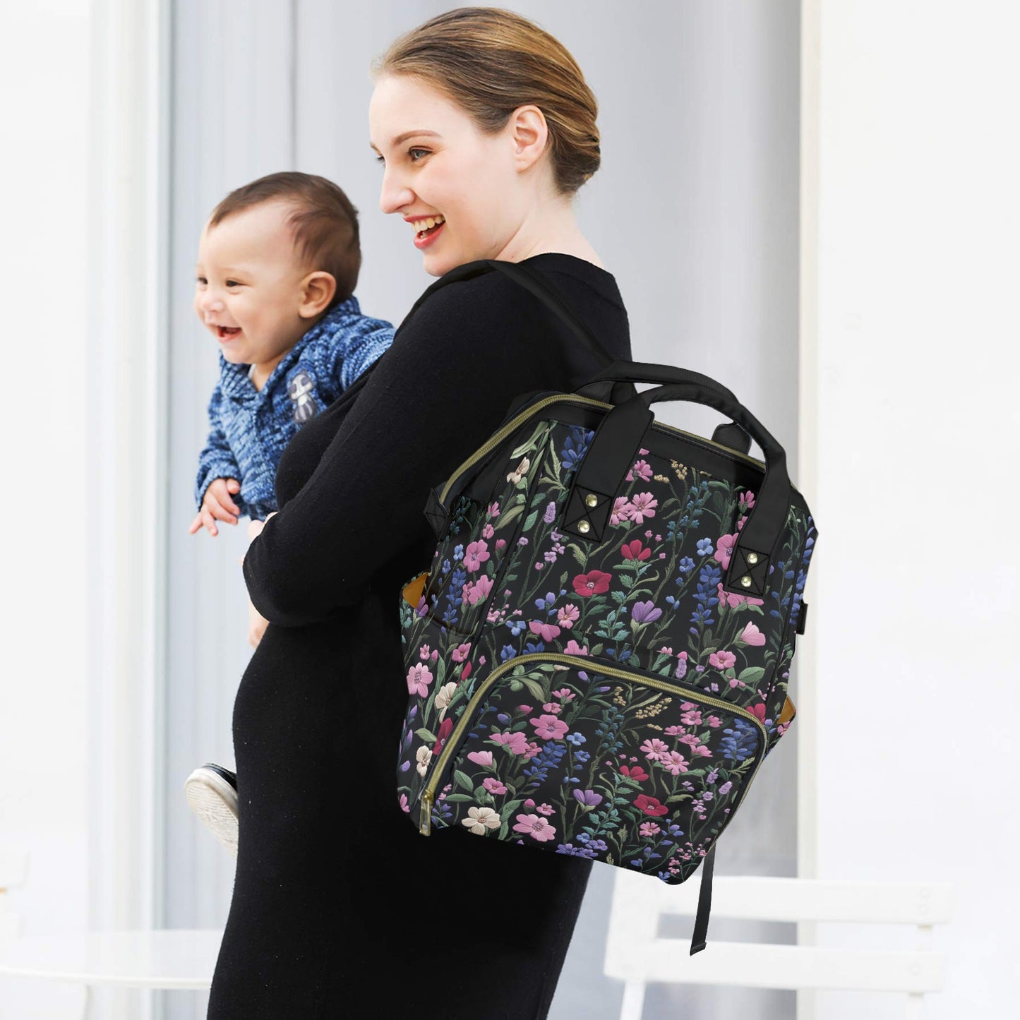 Dark Cottagecore Faux-Embroidery Garden Floral Multifunctional Diaper Backpack