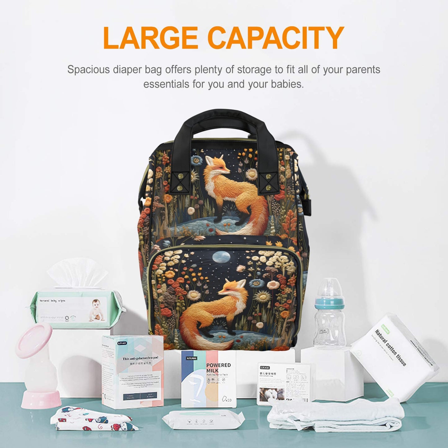 Faux-Embroidery Fox Diaper Backpack