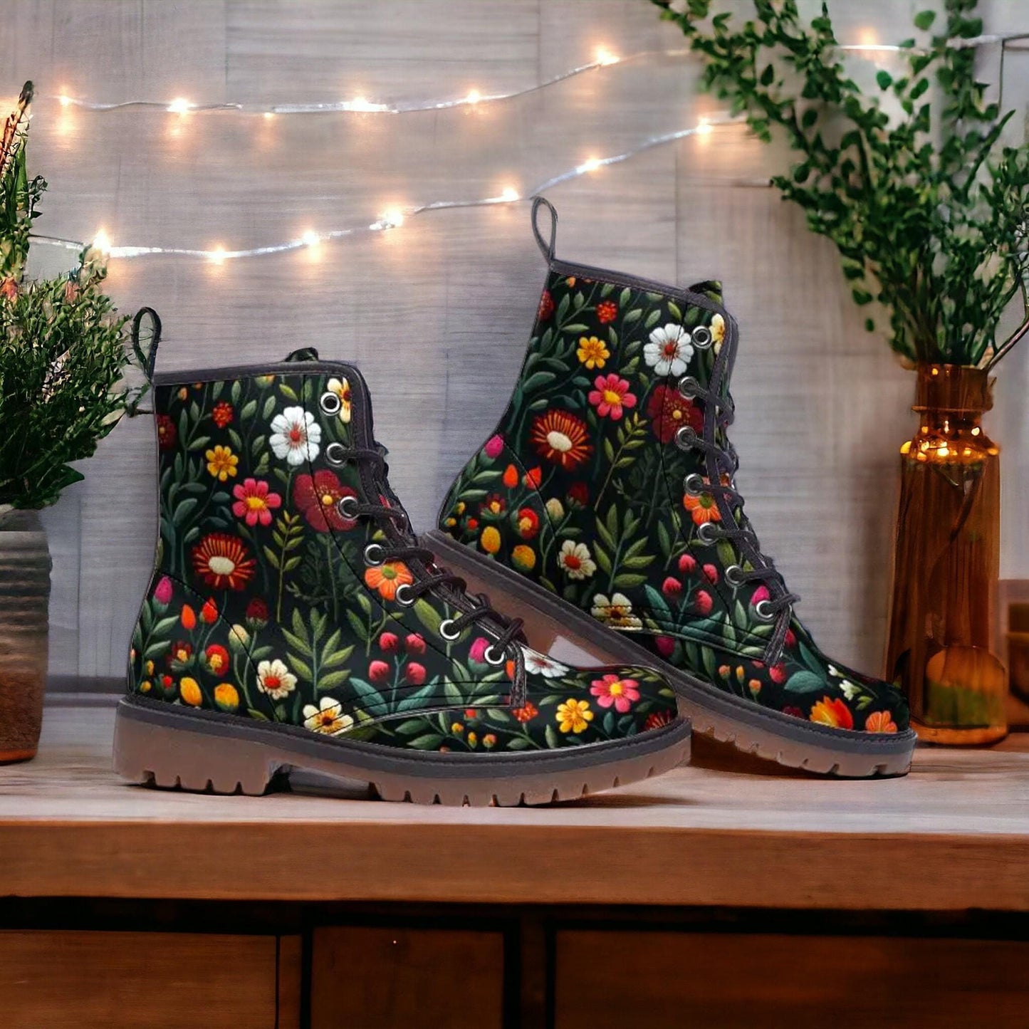 Faux-Embroidery Folk Art Garden Flowers Boots