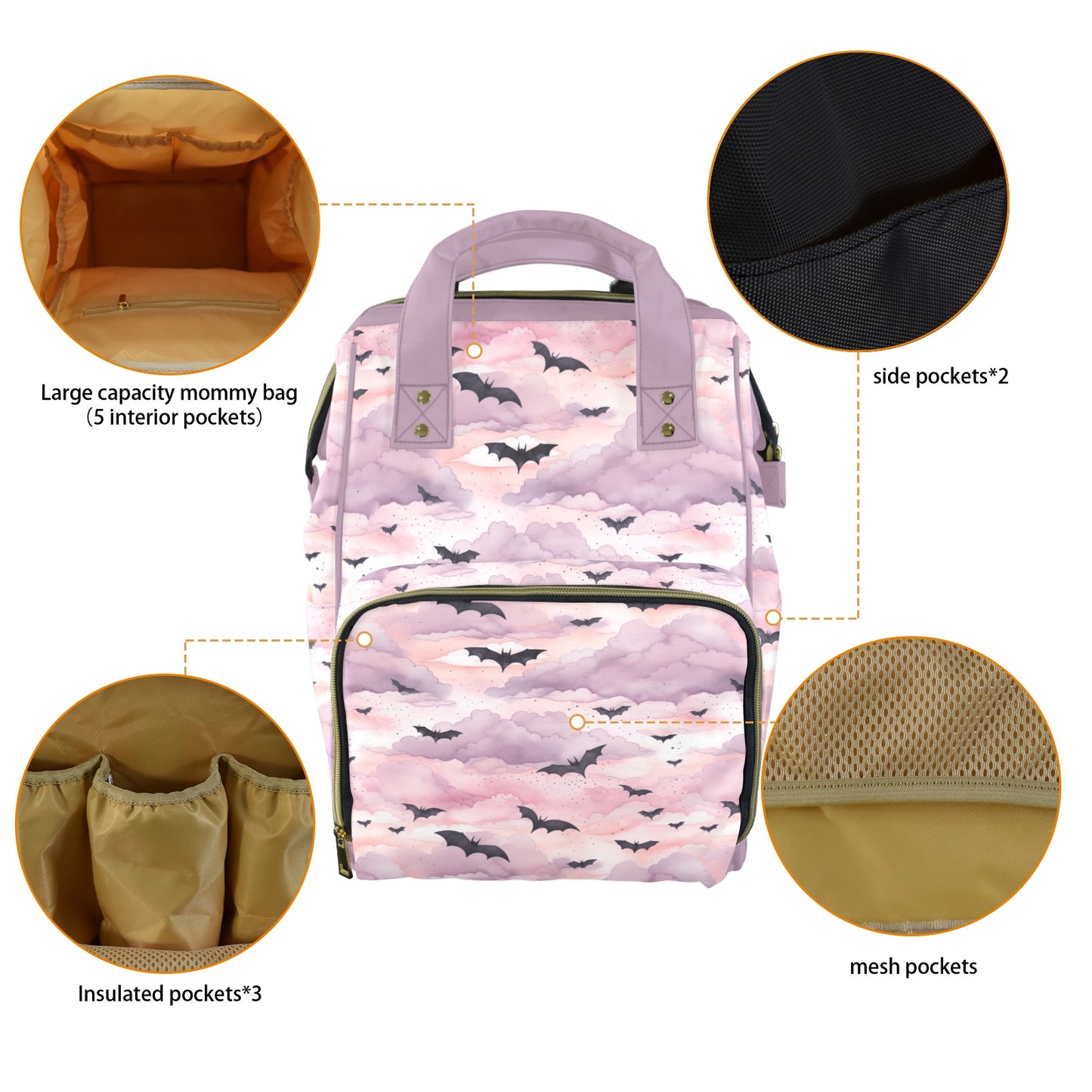 Pastel Witch Pink Bats & Clouds Diaper Backpack