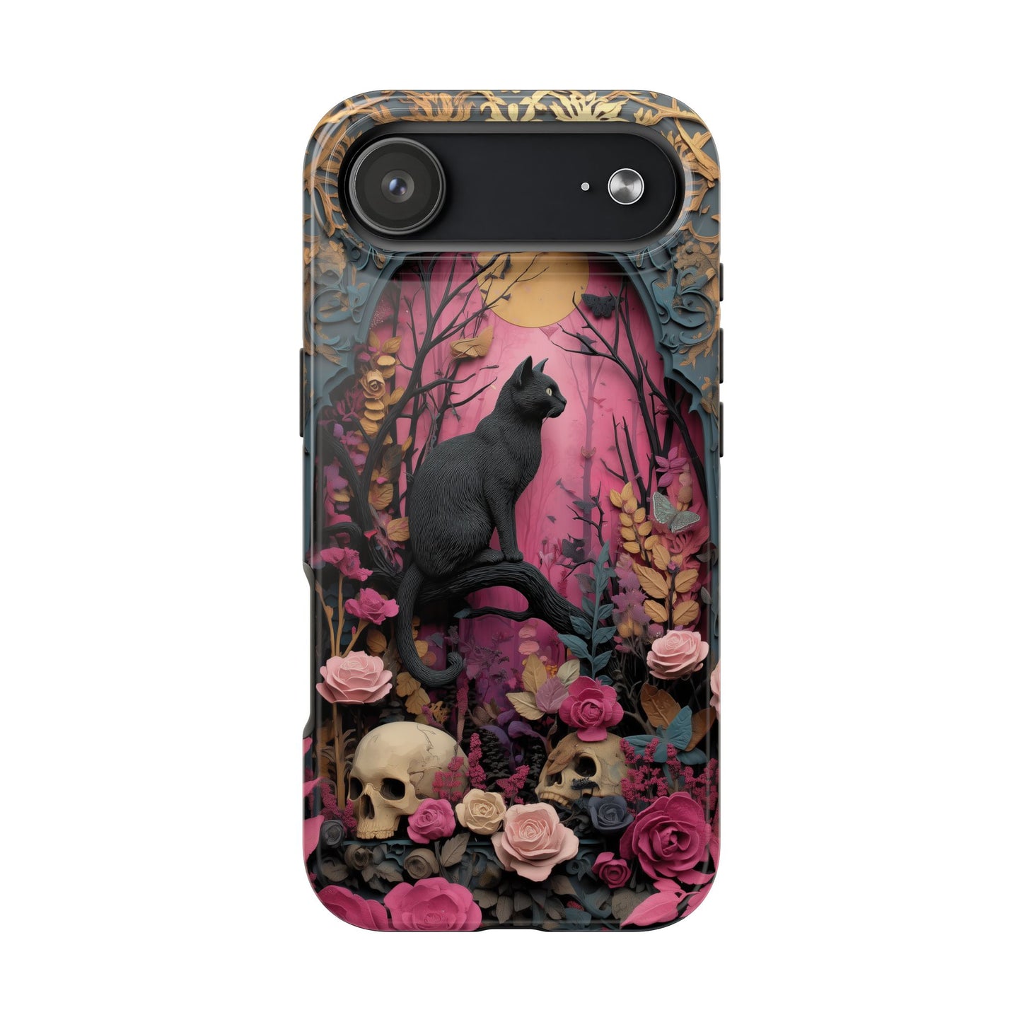 Gothic Cat & Floral Skulls Phone Case
